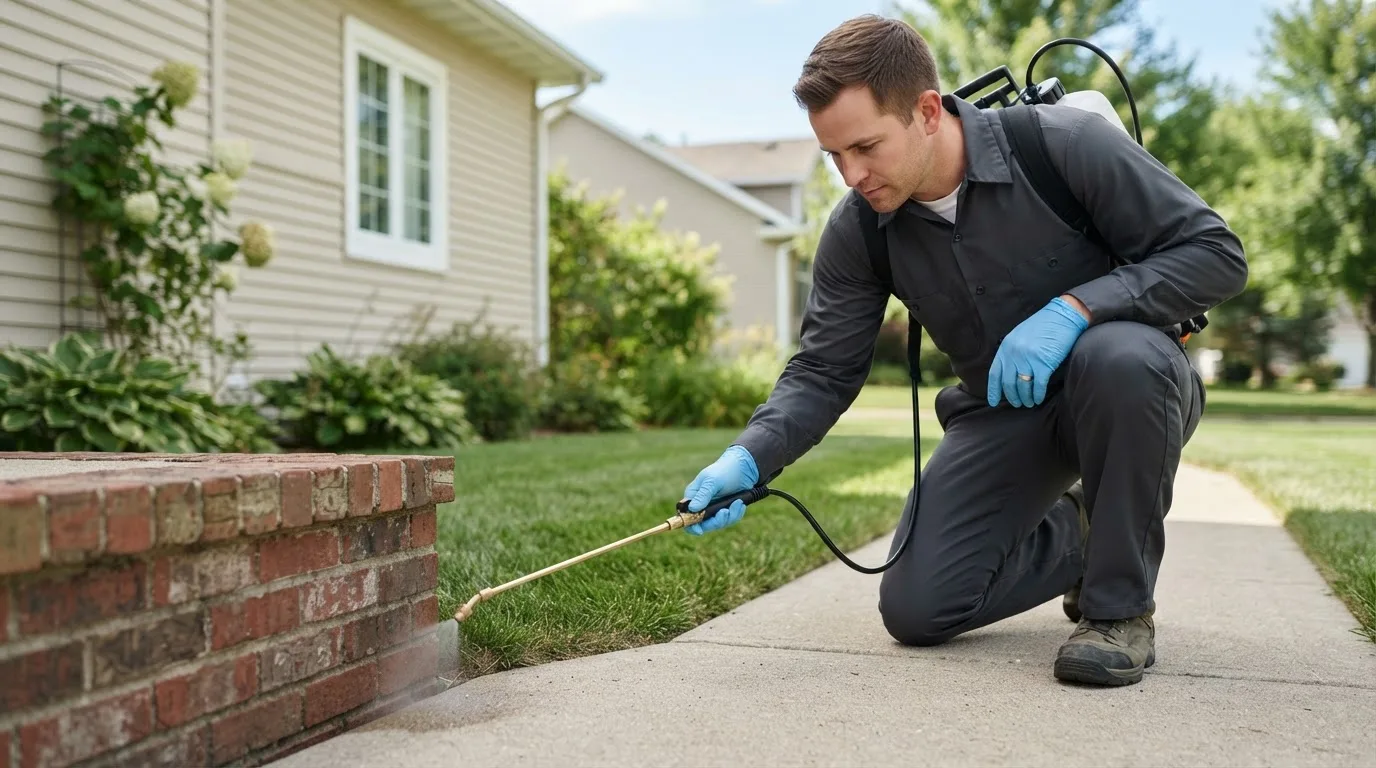 Pest control technician treating a home near Mona, UT
